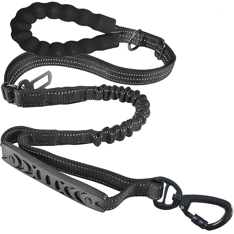 Black dog leash with padded handle, reflective stitching, and carabiner clip. Available in multiple colors.